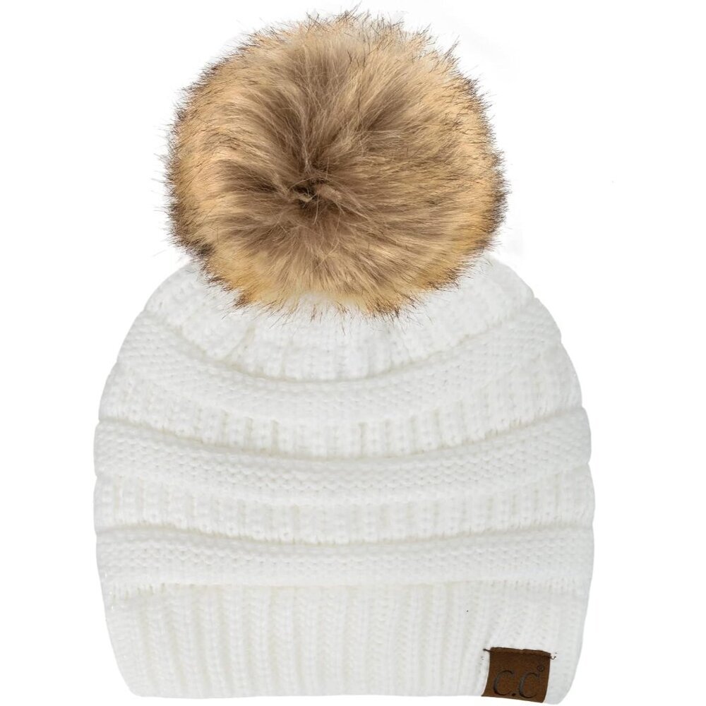 Fur Pom Winter Fall Trendy Chunky Stretchy Cable Knit Beanie Hat